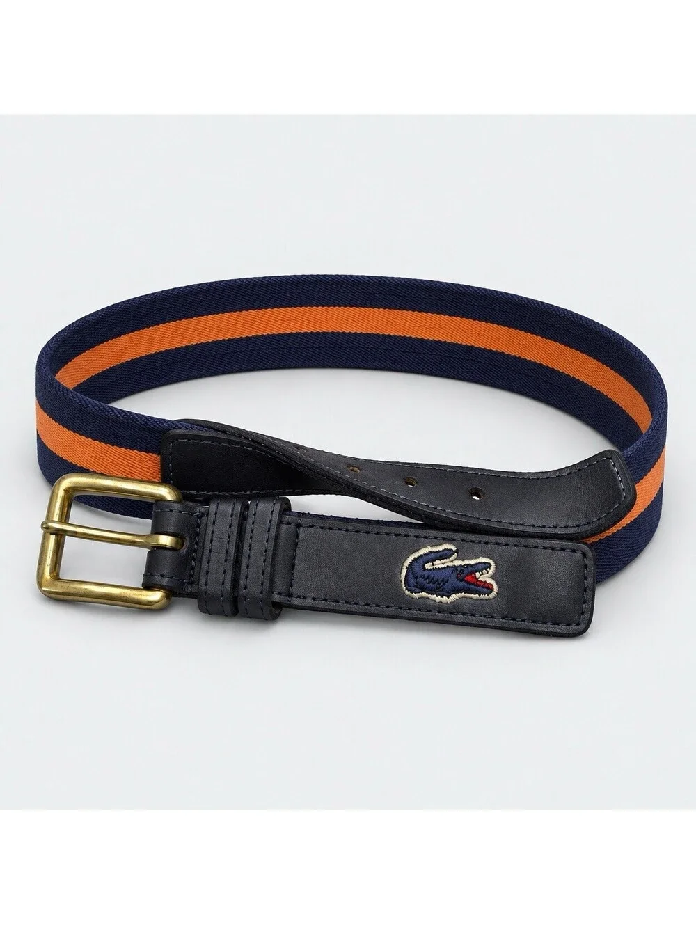 Vintage Lacoste Belt Mens 34 Navy Orange Stripe Webbing Leather Crocodile Preppy
